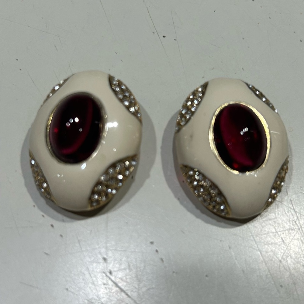 Vintage Ciner Earrings with Red Cabochon Stones, Clear Crystals and White Enamel